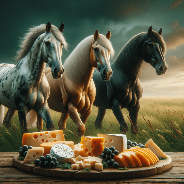three horses looking uninterested in a tasty cheese board