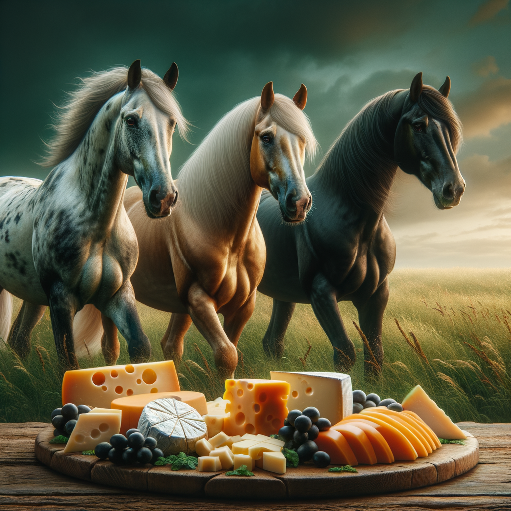 three horses looking uninterested in a tasty cheese board