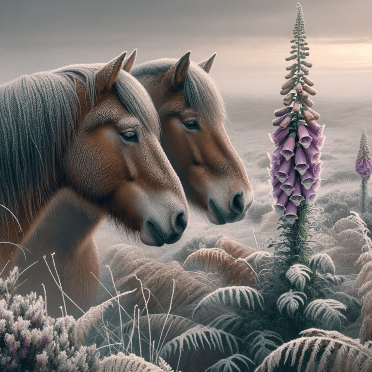 two horses looking at afoxglove plant in winter