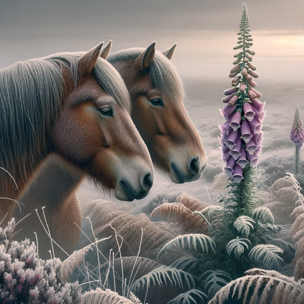 two horses looking at afoxglove plant in winter