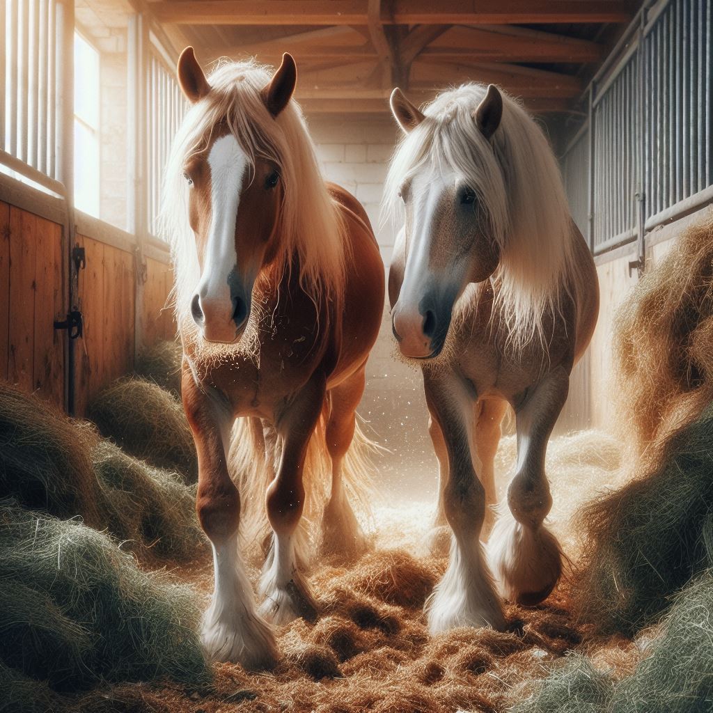 two horses walking past some moldy hay in a stable