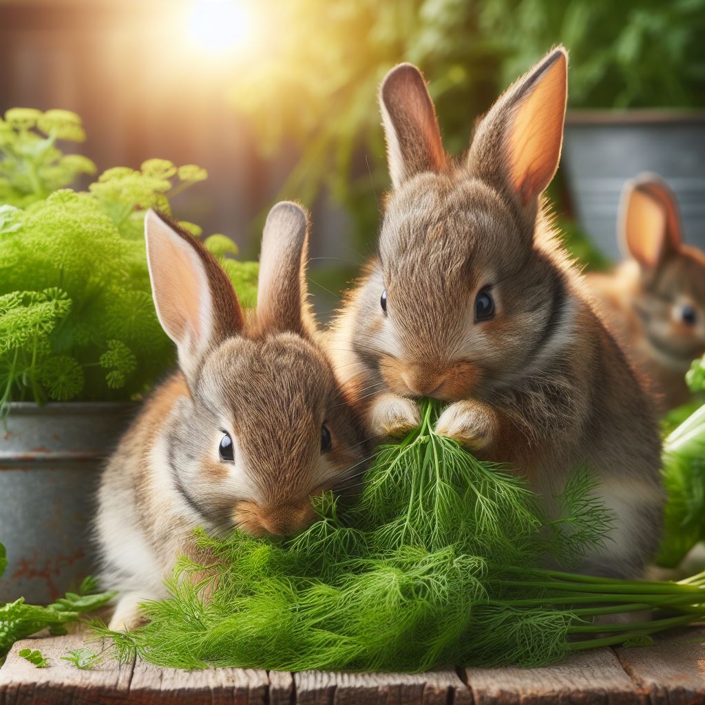 two rabbits eating some sprigs of dill from a fresh herb garden