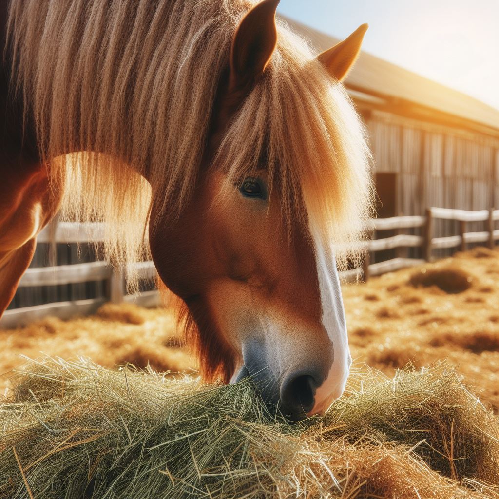 A horse eating some fresh grass hay