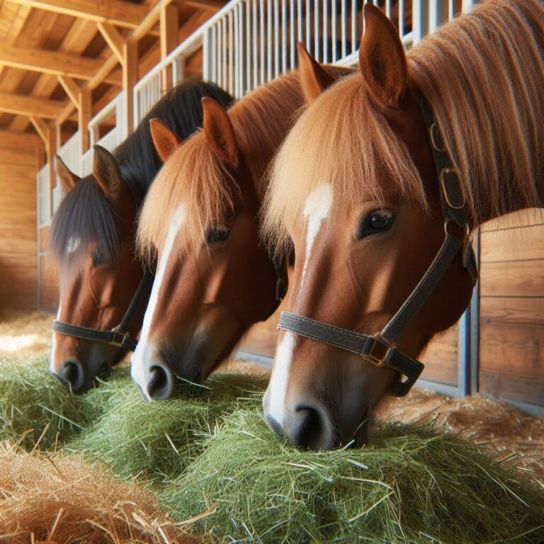 three horses eating some fresh grass hay