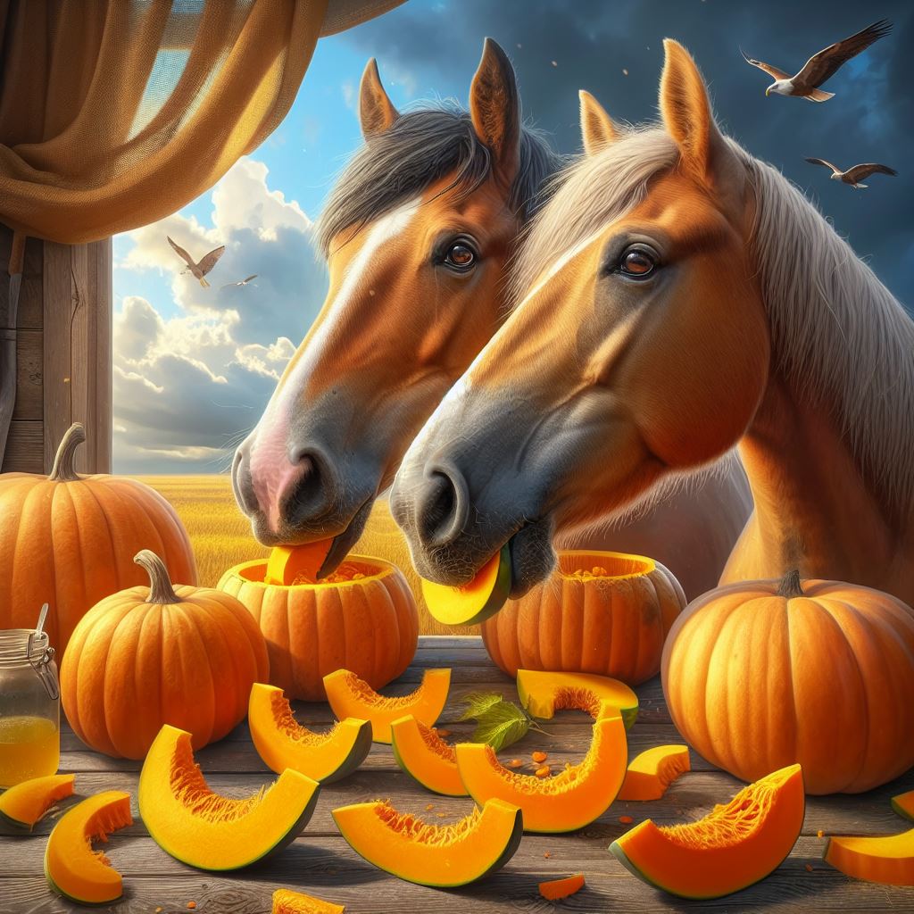 two horses eating some freshly sliced pumpkin