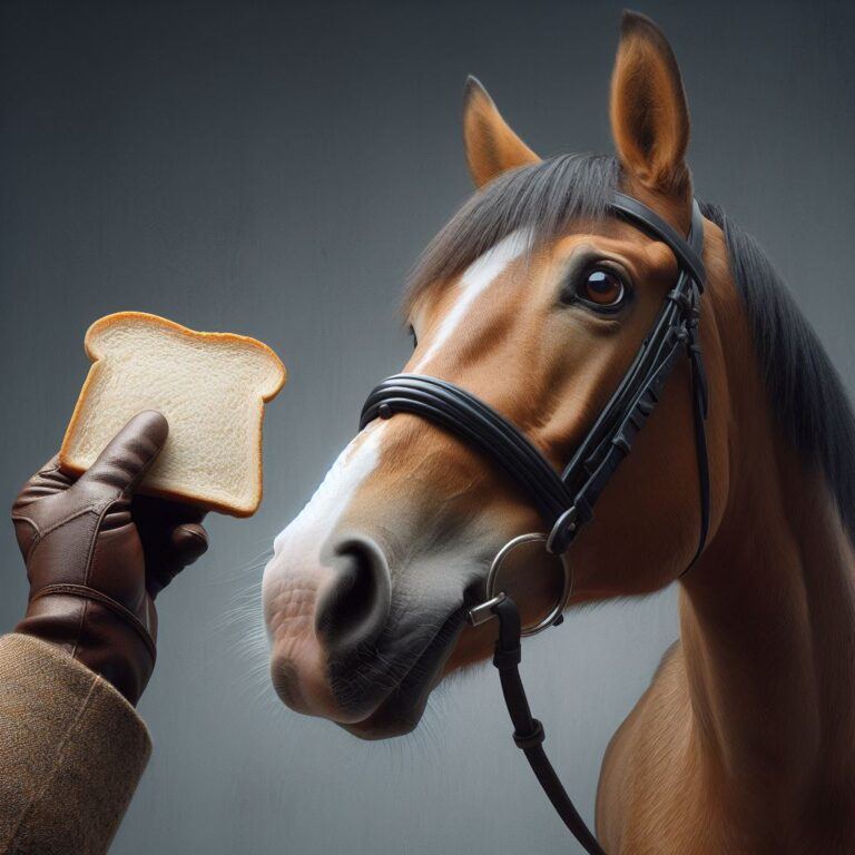 a horse looking at a slice of white bread