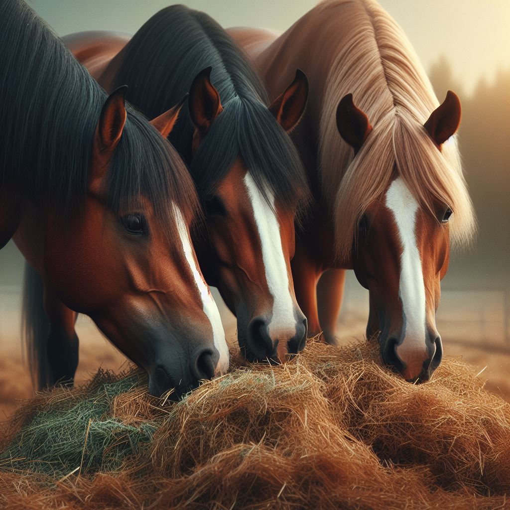 three horses eating some fresh alfalfa hay in a field