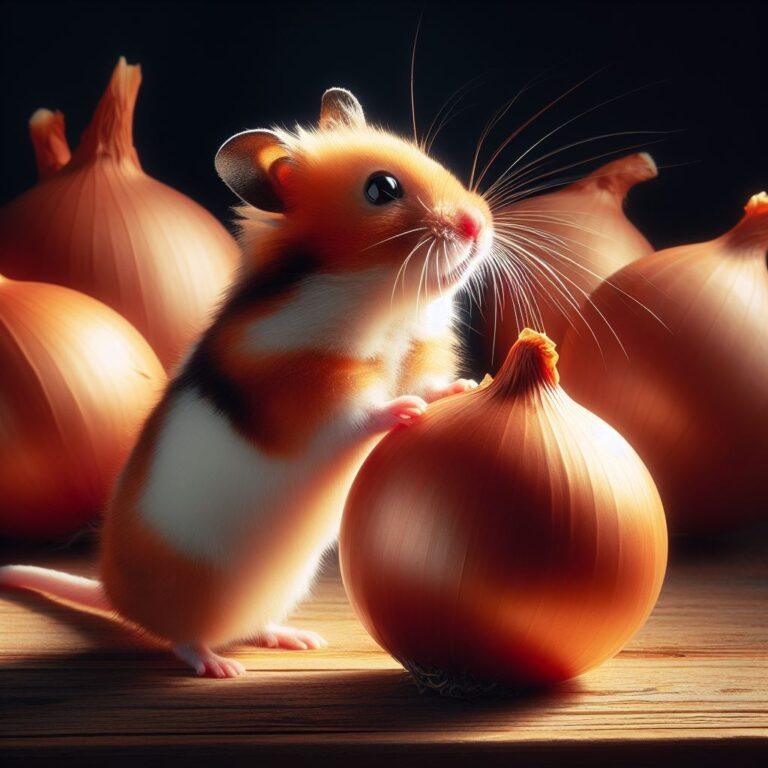 a hamster looking away from an onion