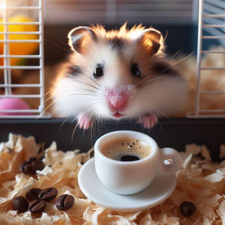 a cute hamster looking at a small cup of fresh coffee from his cage