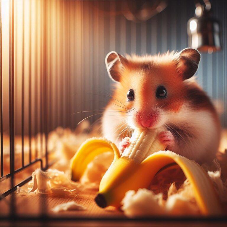 a cute hamster nibbling on a fresh banana in its cage