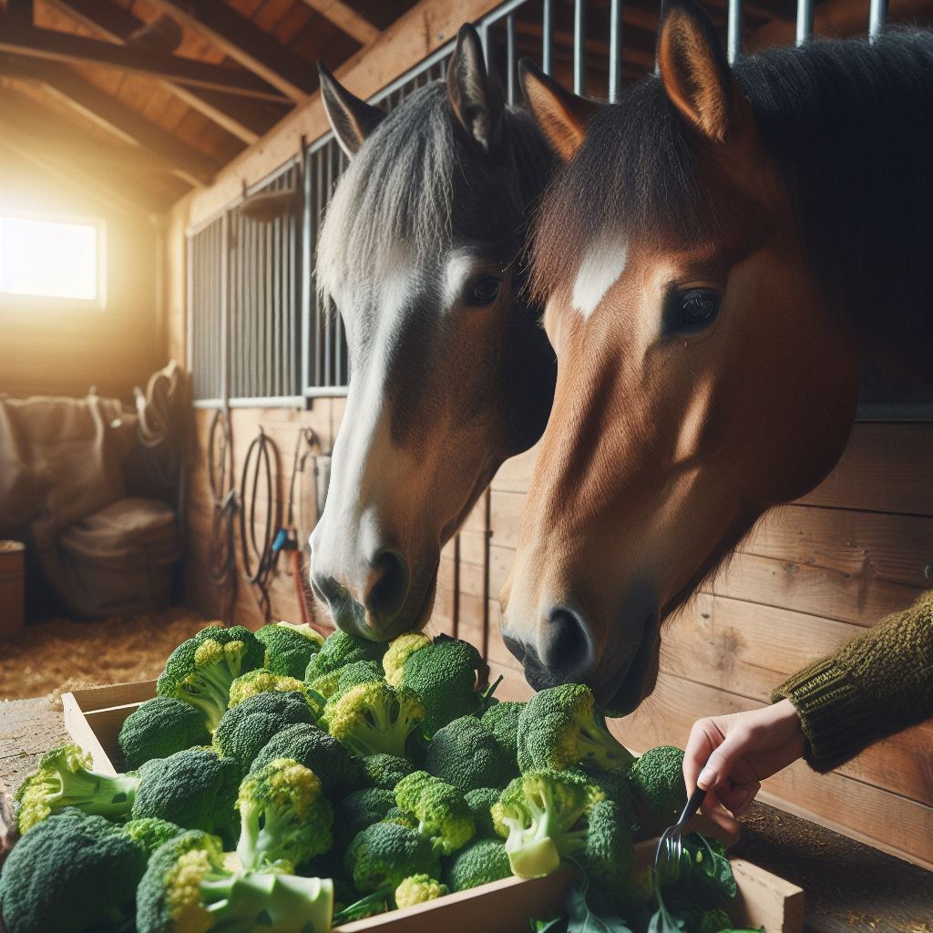 two horses eating some broccoli in their stable