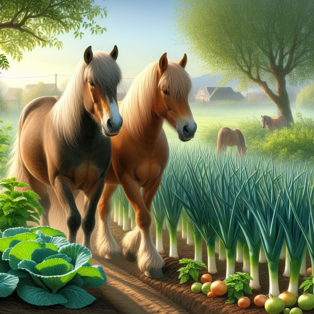 two horses walking past some leeks growing in a garden