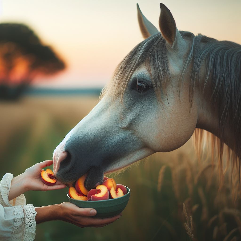 a horse being fed some peach slices by hand