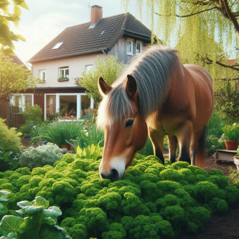 A horse eating some fresh parsley in the back garden of a house