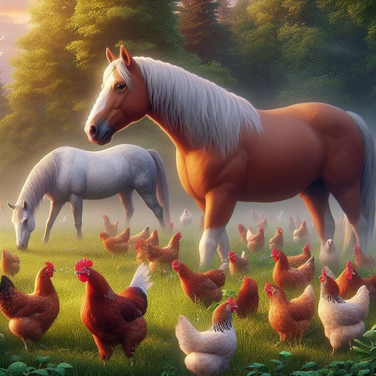 a couple of horses grazing in a field with some chickens