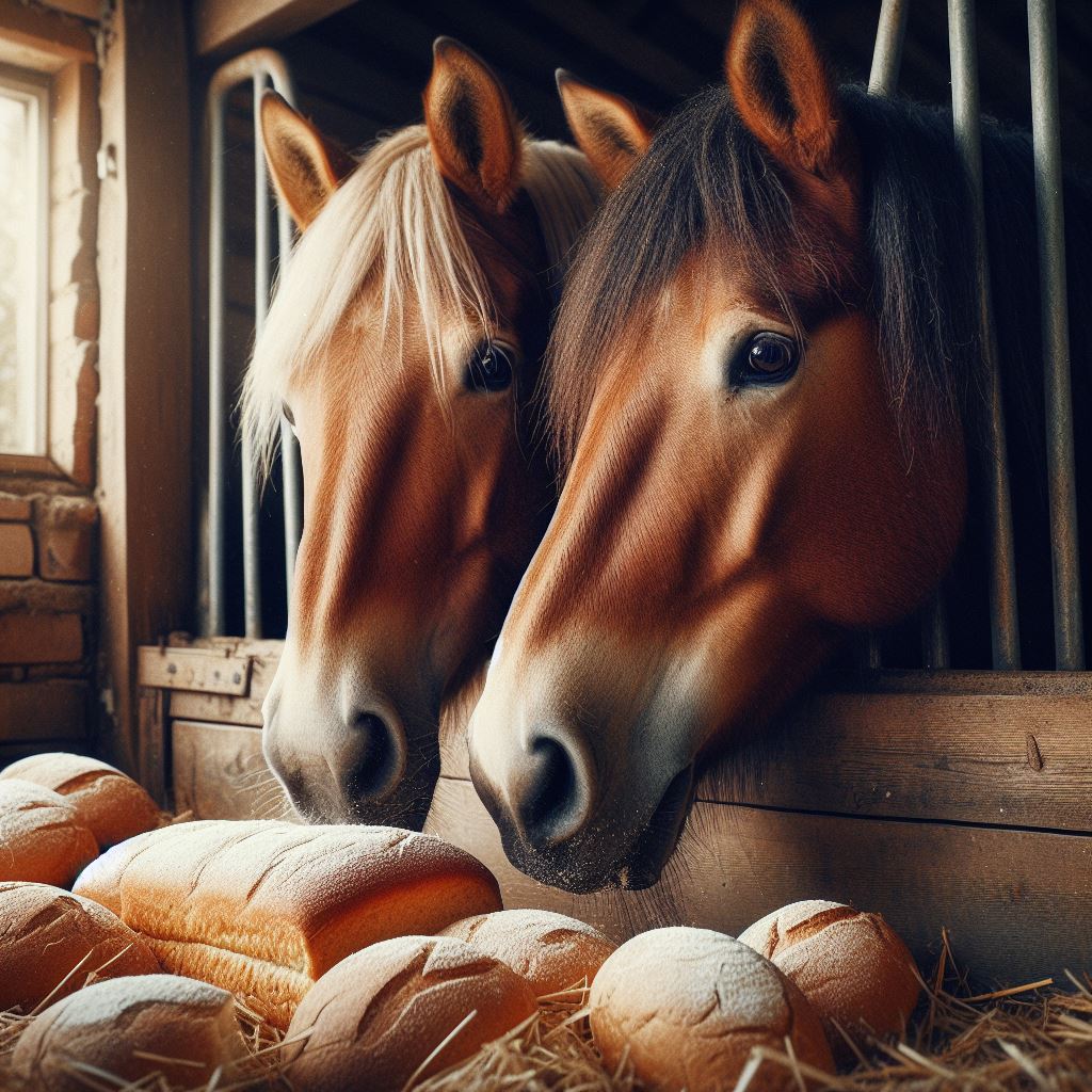 two horses looking at some fresh white bread in their stable