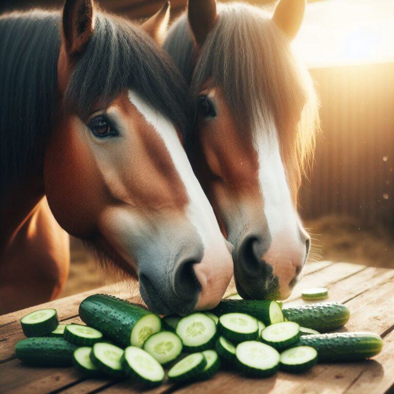 two horses eating some fresh slices of cucumber