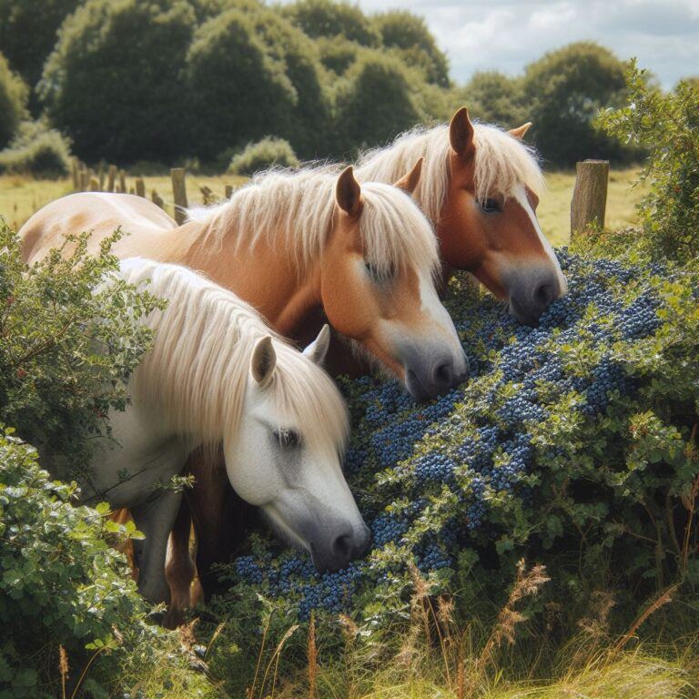 three horses eating some fresh blueberries from a hedge in a field