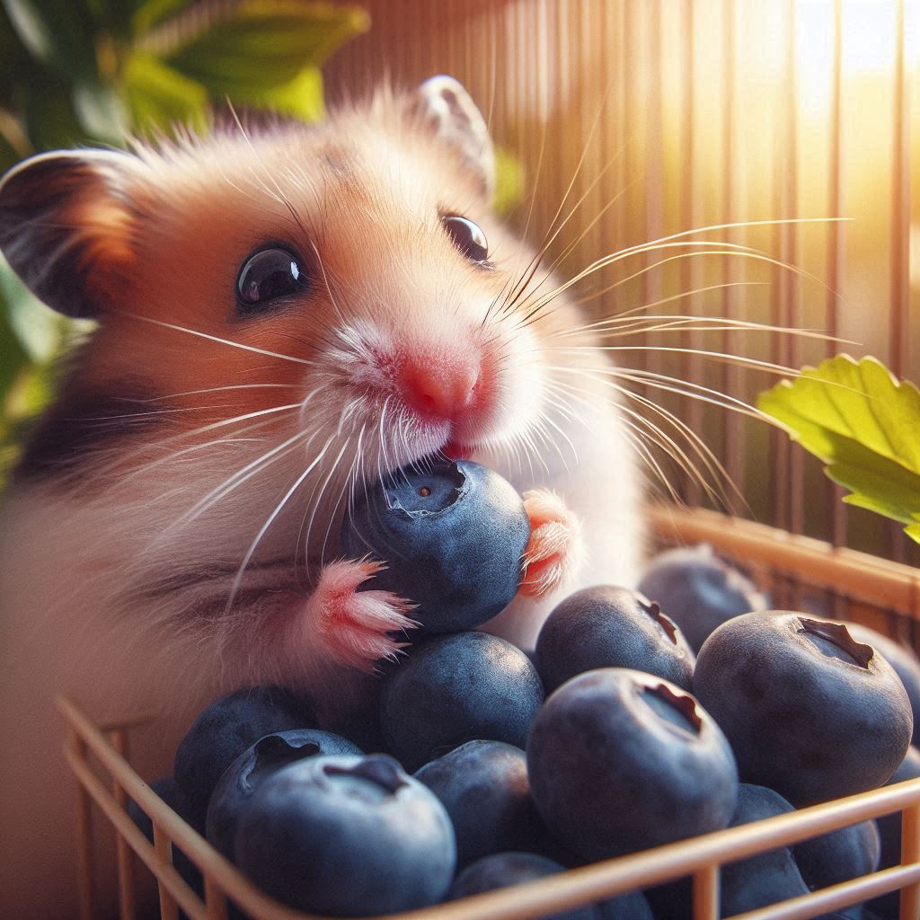 a hamster nibbling on a fresh piece of blueberry on a sunny day