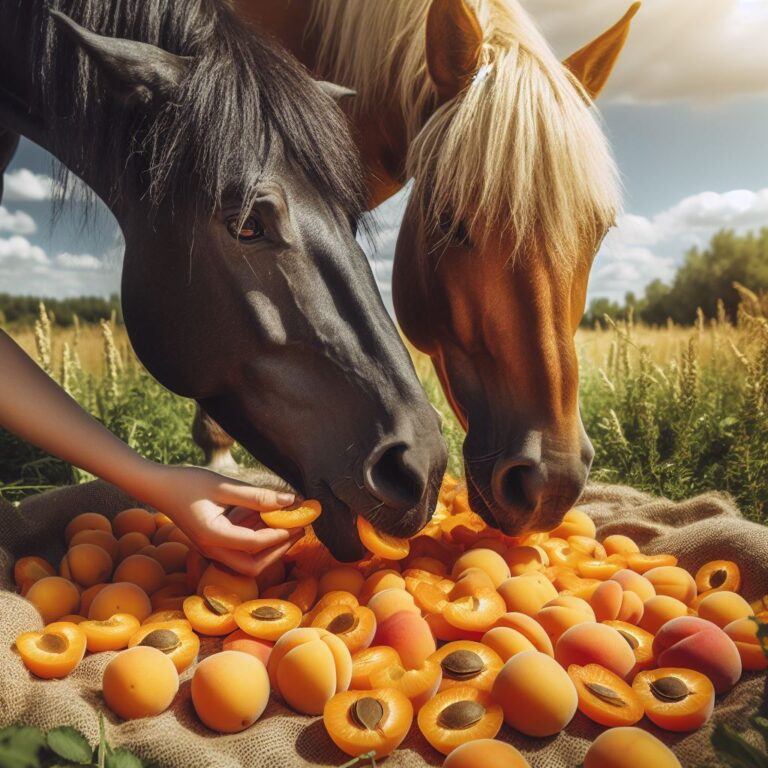 two horses eating some fresh slices of apricot in a field