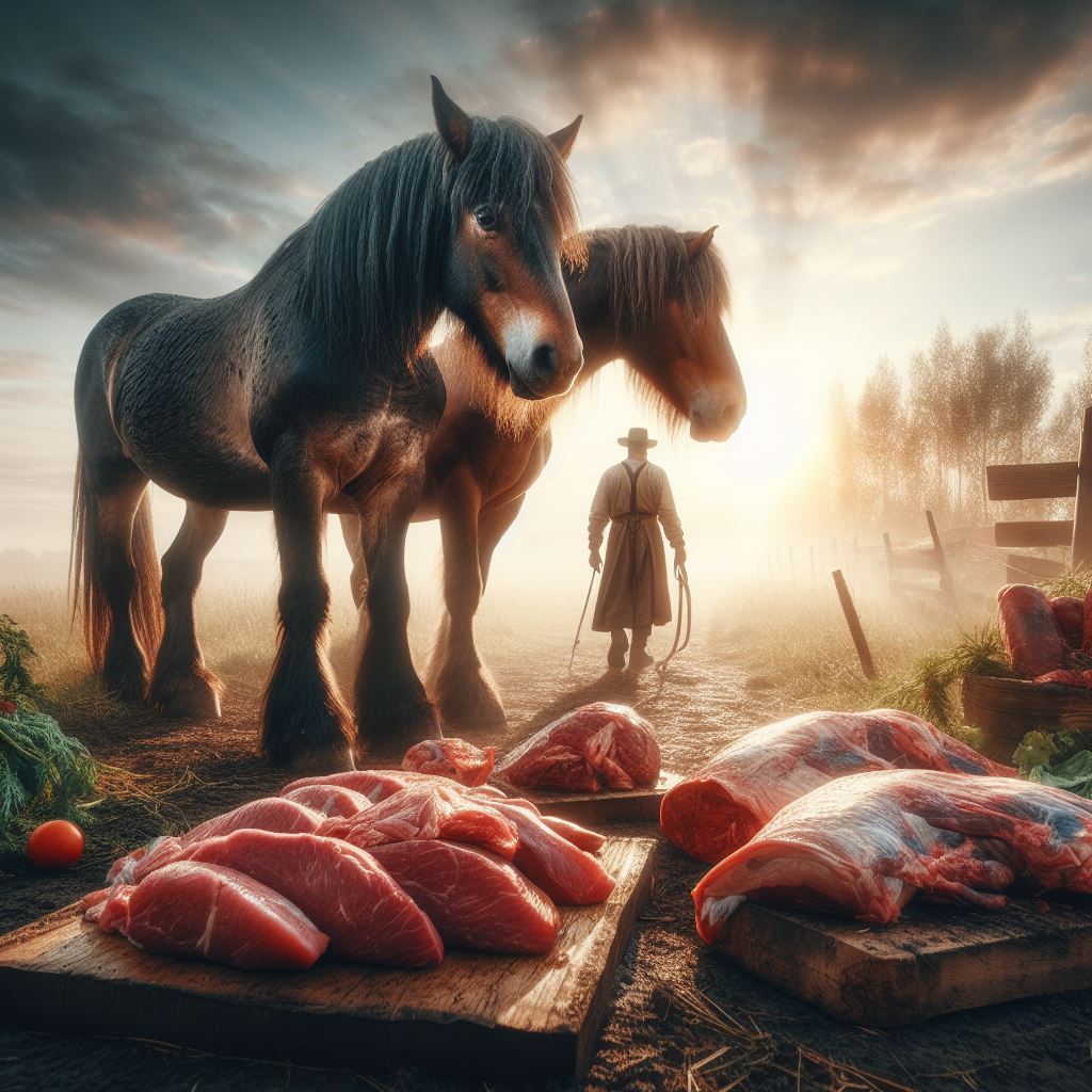 two horses looking at some raw meat on the ground