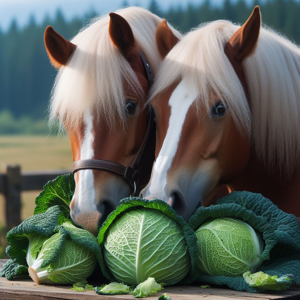 two horses eating some fresh cabbage leaves