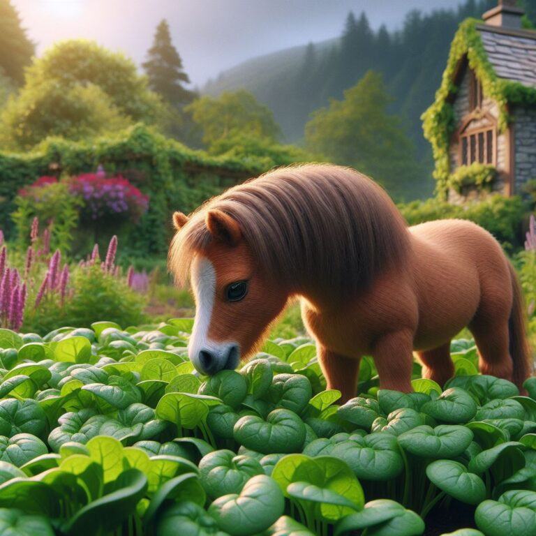 a small pony grazing on some fresh spinach in a garden