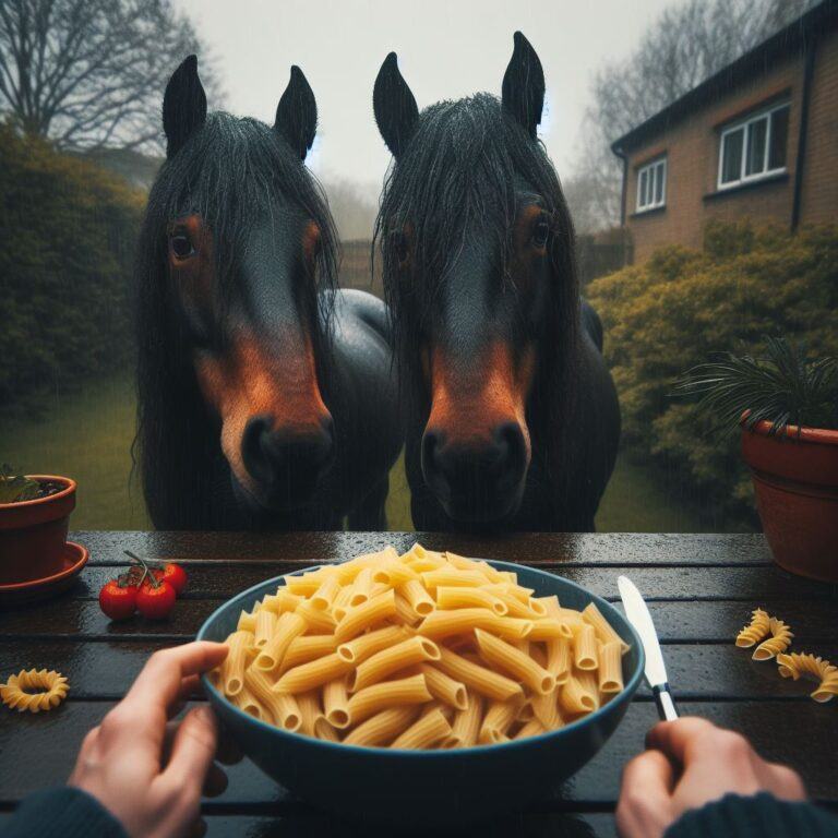 two horses staring at a bowl of uncooked pasta in a garden on a gloomy day