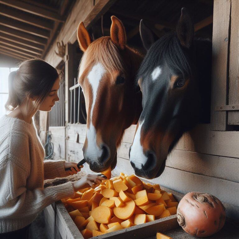 two horses being fed some fresh slices of swede from their stable