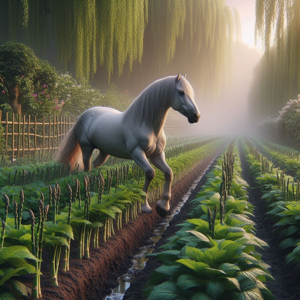 a horse walking through some fresh asparagus growing in a garden