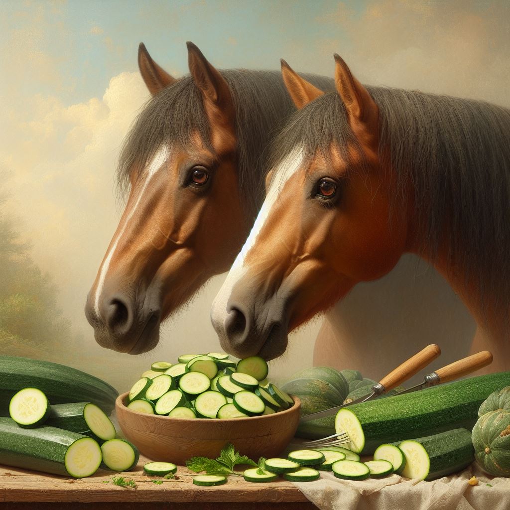 two horses eating some freshly sliced pieces of zucchini