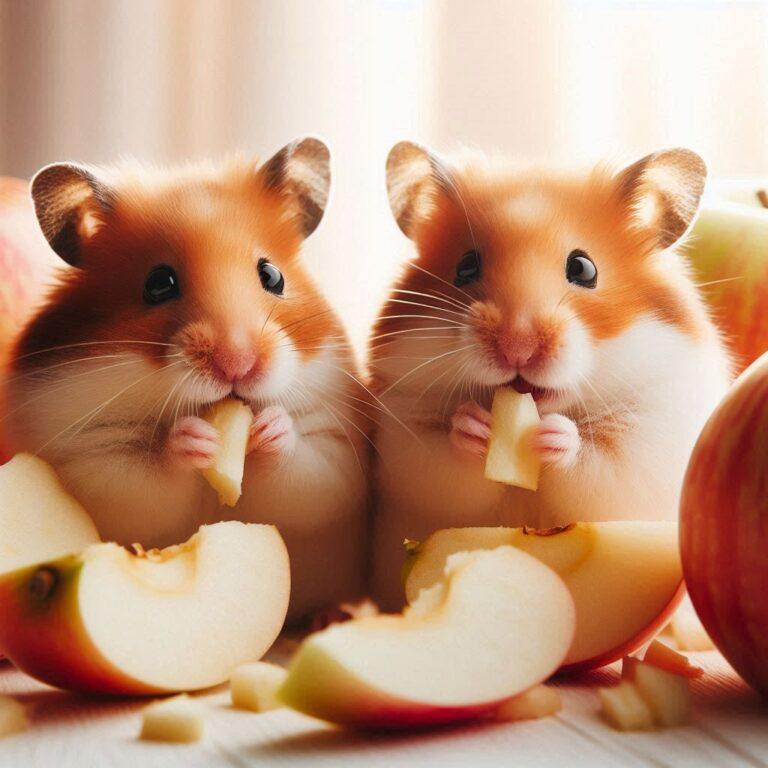 two hamsters eating some fresh slices of apple