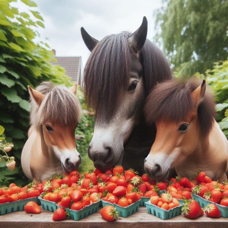 three ponies eating some fresh strawberries in a garden