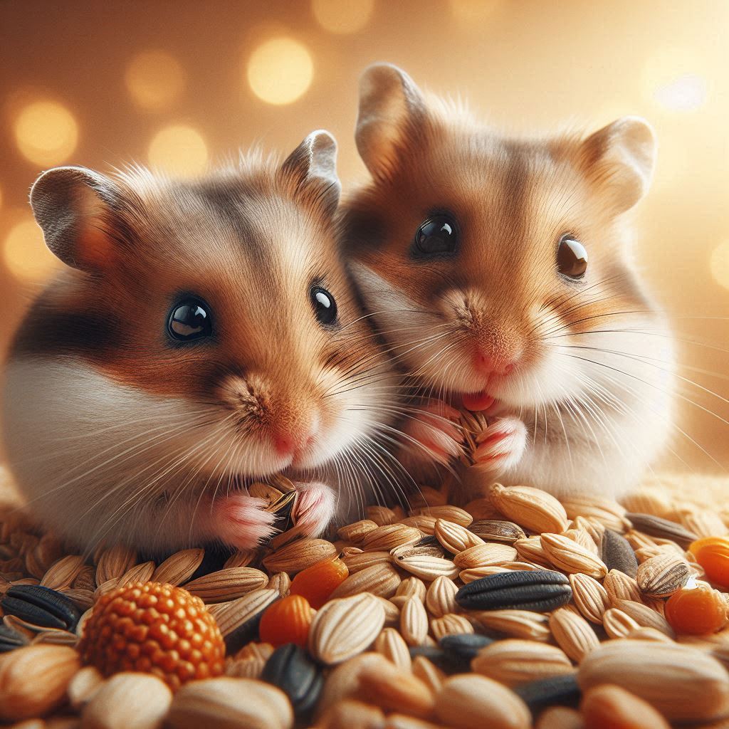 two hamsters eating some high quality seed mix for breakfast