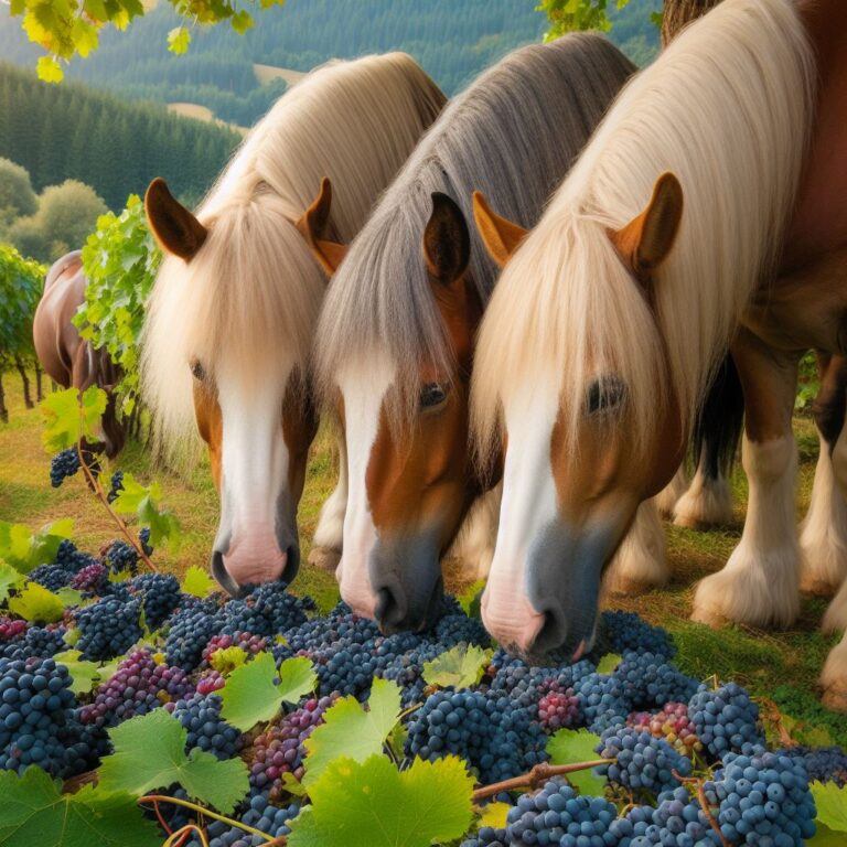 three horses eating some fresh grapes from a vinyard