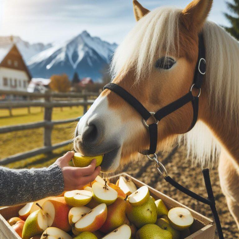 a horse being fed some fresh pear slices with a mountain in the background