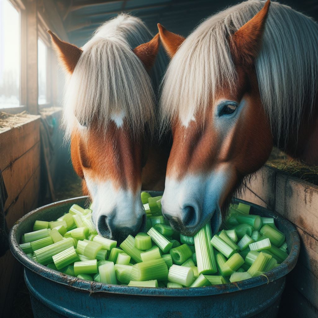 two horses eating some freshly chopped up pieces of celery