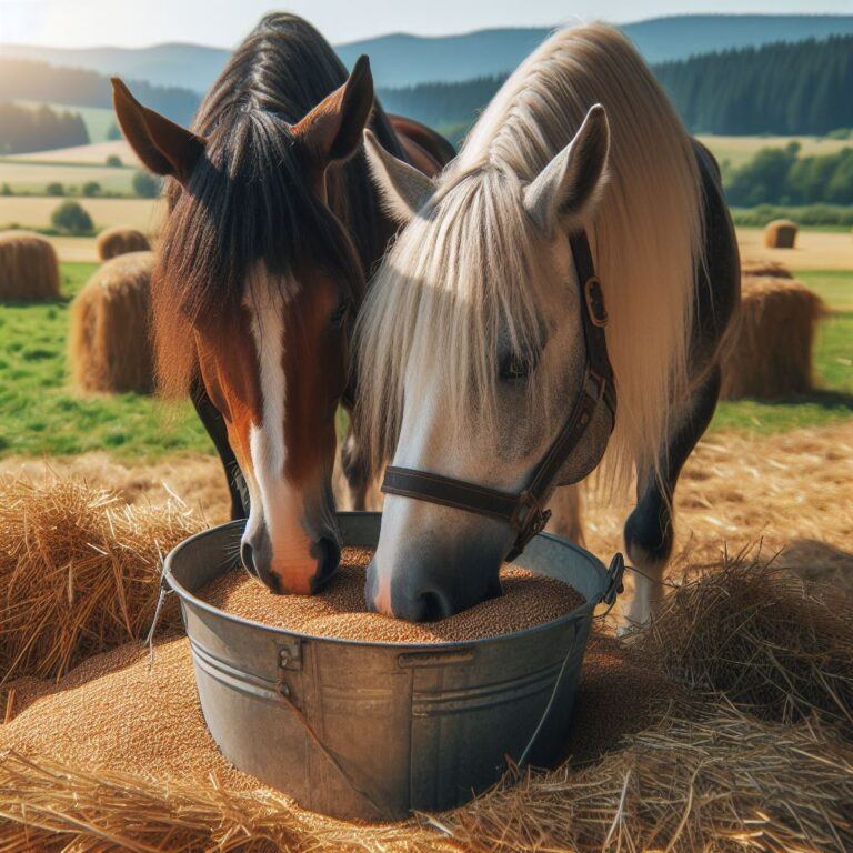 two horses eating some fresh oats from a bucket in a field