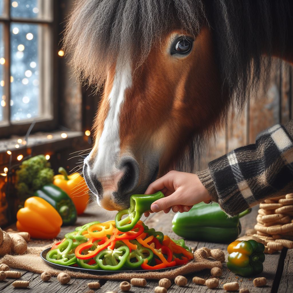 a horse eating some freshly sliced bell peppers