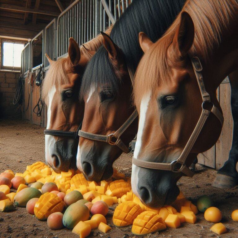 three horses snaking on some fresh chunks of mango in a stable