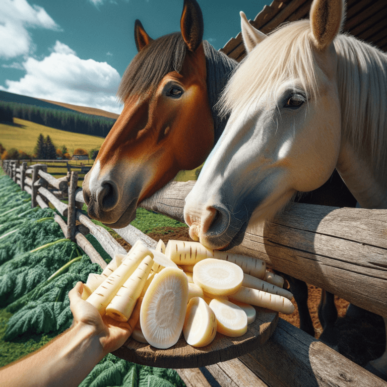 two horses being fed some fresh slices of parsnip