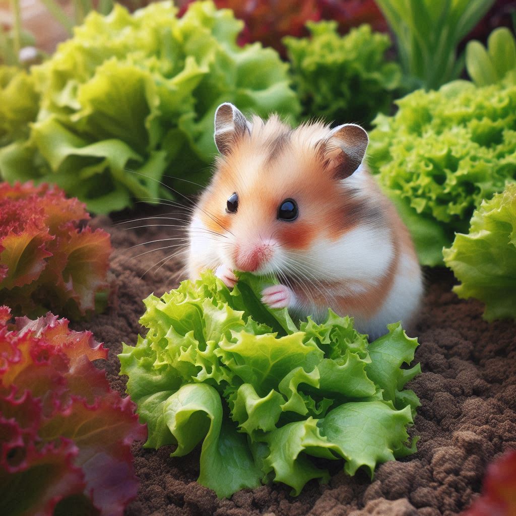 a little hamster nibbling on some romaine lettuce in the garden