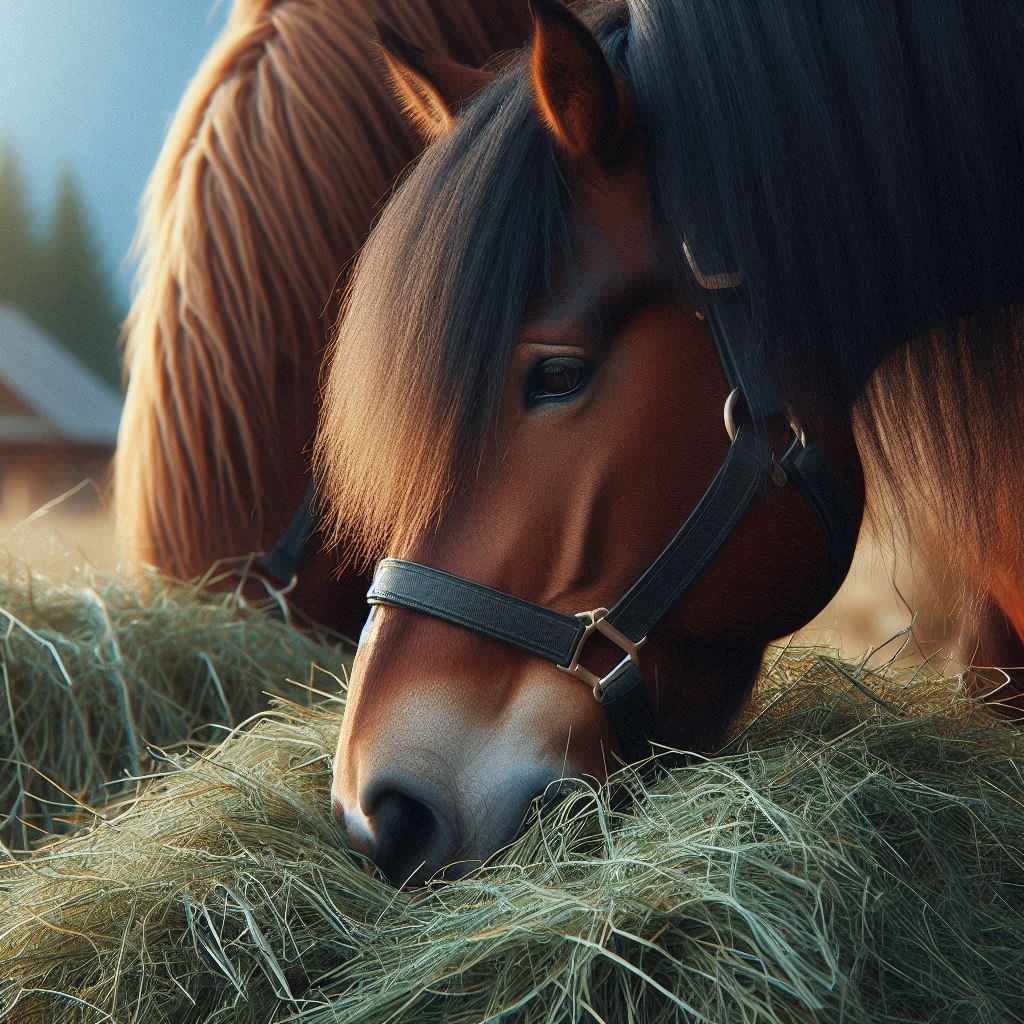 a horse eating some fresh rye hay