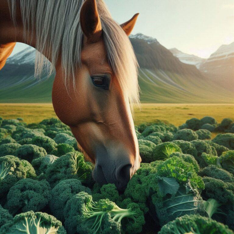 a horse eating some fresh kale in a field