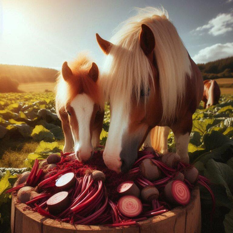 two horses eating some fresh beet pulp in a field on a sunny day