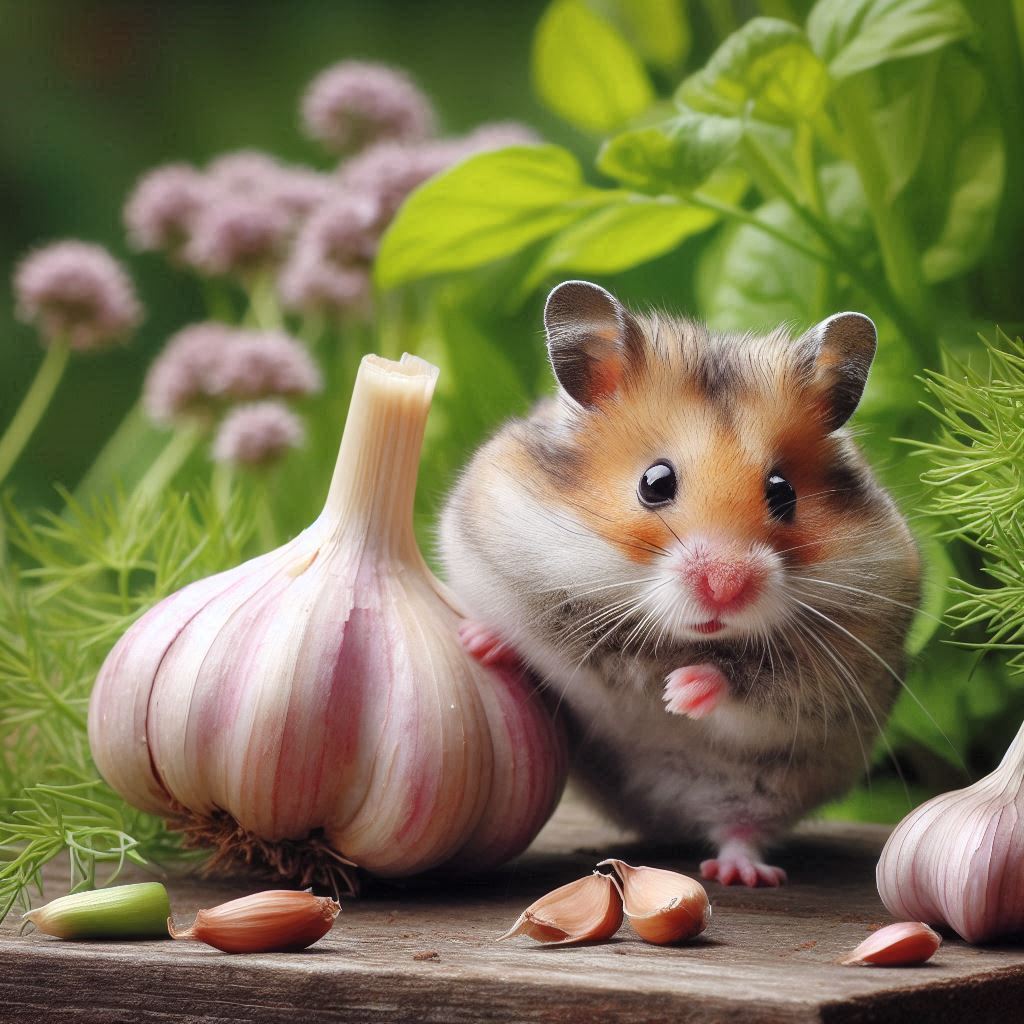 a hamster looking uninterested in eating some garlic