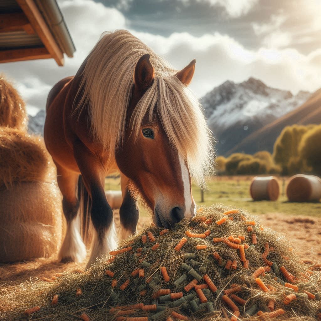 a horse eating a mix in a field with snow covered mountains in the backgroud