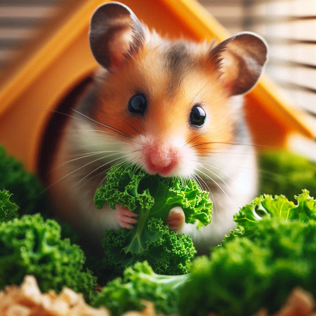 a hamster eating some small kale leaves in his cage