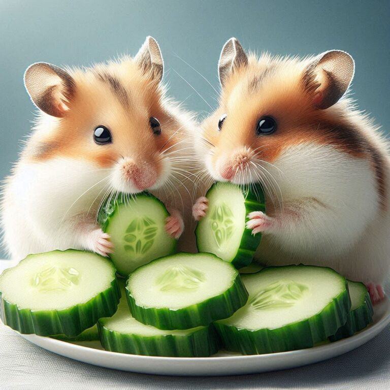 two hamsters eating some freshly sliced cucumber