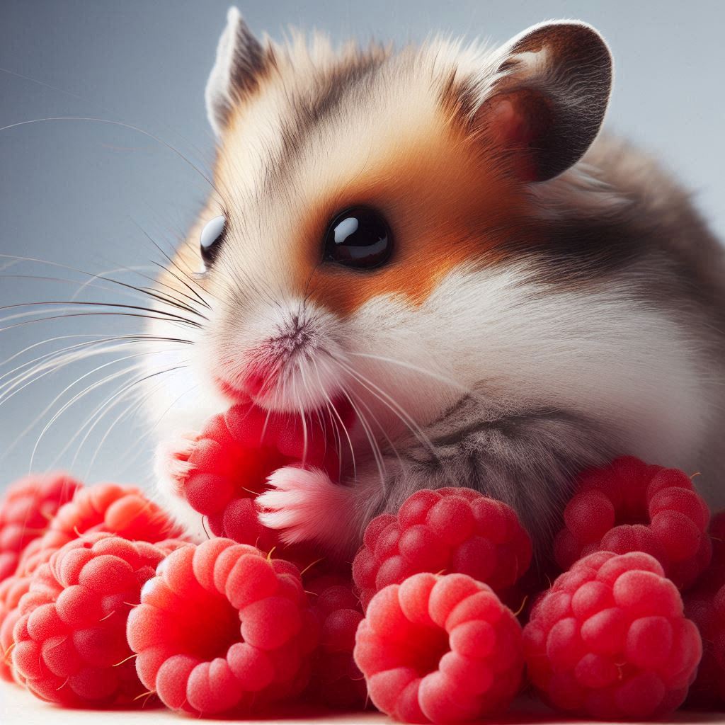 a hamster nibbling on some fresh raspberries